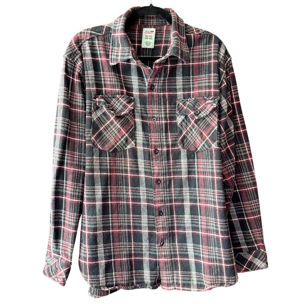 Genuine Dickies Mens XL Flannel Shirt Plaid Black Red White 100% Cotton ButtonUp